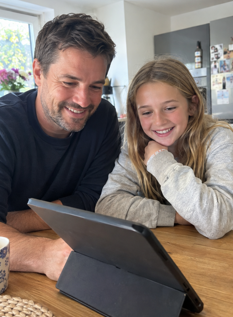 A dad and his daughter smiling as they work through maths questions together on a tablet